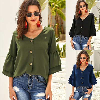 

Amazon explosion models womens shirts 2019 new European&American V-neck seven-point sleeve single-breasted loose shirt 252337