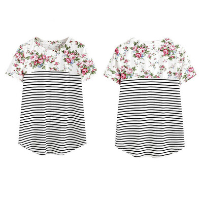 

Women Maternity Breastfeeding Tops Short Sleeve Nursing T-shirt Splice Striped