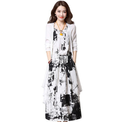 

2pcsset Women Printing Large Size Maxi Bodycon A-line Sundress Cardigan