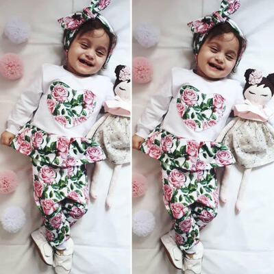 

3PCS Newborn Baby Girl Romper Tops Jumpsuit Pants Headband Outfits Clothes Set