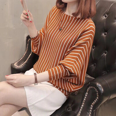 

2018 Autumn Batwing Sleeve Striped Sweaters Winter Women O-Neck Loose Knitted Pullover Female Pull Femme Sweater