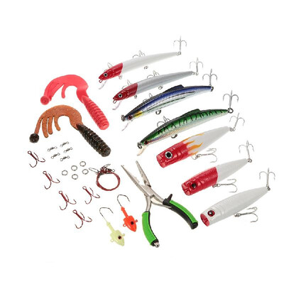 

Fishing Lure Kit Including Fishing Plier Popper Minnow Worm Jig Hook Steel Thread Rolling Swivels Saltwater Freshwater Lure Tackle