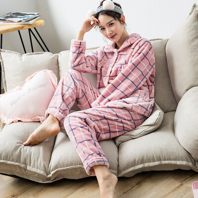 

Dings grate pajamas men&women Korean version of autumn&winter models couples flannel thickening plus velvet long-sleeved men&women warm home service suit J4889 rich blue