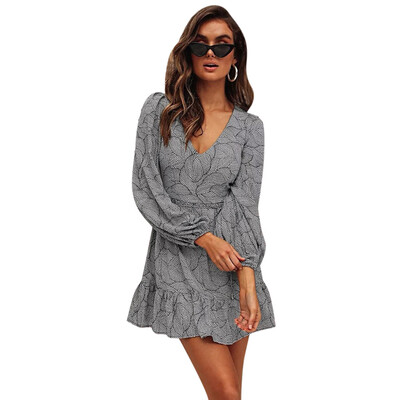 

Plunge Neck Long Sleeve Print Ruffle Tied Women Mini Dress