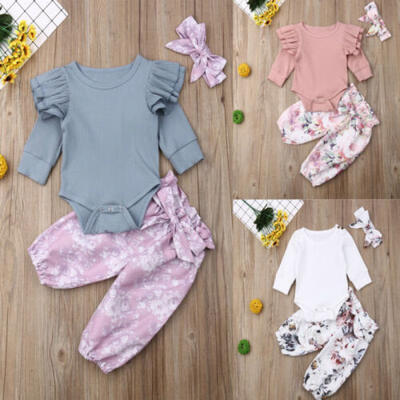 

Newborn Baby Girl Ruffle Romper Tops Bodysuit Pants Headband Outfits Clothes Set