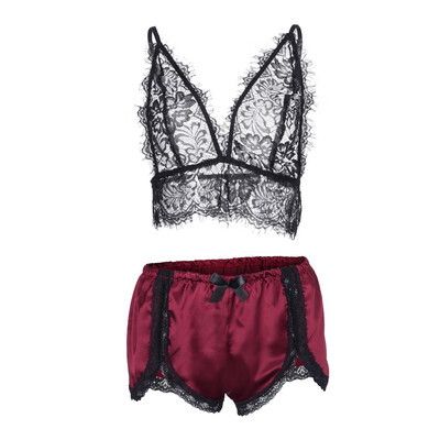 

Toponeto Fashion Sexy Women Satin Floral Lace Lingerie Set Pajamas Babydoll Sleepwear