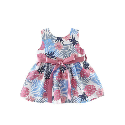 

Summer Girls Sweet Leaves Print Dress Watercolor Hand-painted Plant Print Strap Bow Princess Lovely Sleeveless Cotton Dress