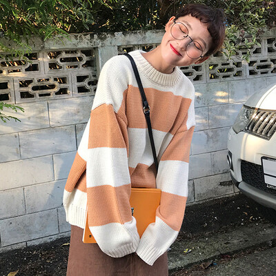 

Womens Winter Warm Sweater Knitted Stripe Long Sleeve Crew Neck Outwear Tops