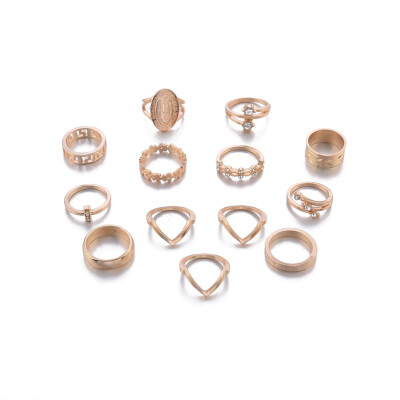 

13pcs Set Punk Gold Color Geometric Hollow Flower Pattern Rings Set