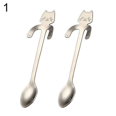 

2Pcs Stainless Steel Spoon Cartoon Cat Long Handle Lovely Dessert Soup Flatware