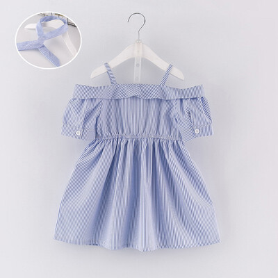 

2pcs Summer Dress Casual Baby Girls Short Sleeve Off-shoulder Stripe Print Dress Kids Toddler Pageant Sundress with Headband