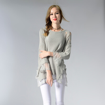 

PREISEI Spring Autumn Women Sexy Casual Solid Hollow Out Flare Sleeve O-Neck Cotton Knitted Sweater Pullover Mujer