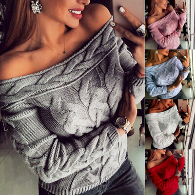

Women Off Shoulder Knitted Warmth Sweater Long Sleeve Winter Jumper Pullover Top