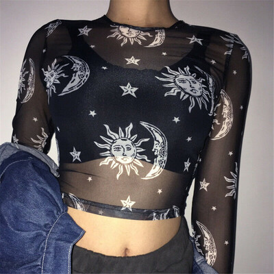 

New Fashion Women Mesh Sheer See-through Long Sleeve Crop Top T Shirt Blouse