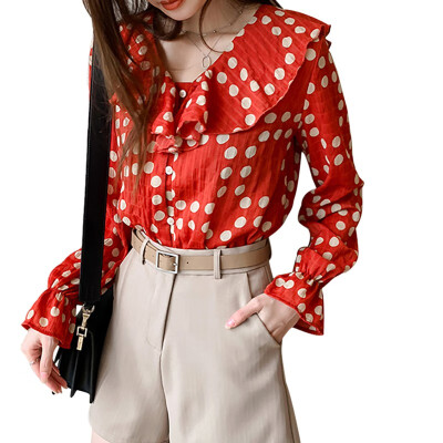 

Womens Dot Print Ruffled Collar Casual Loose Long Butterfly Sleeve Ruffles Chiffon Blouse 2019