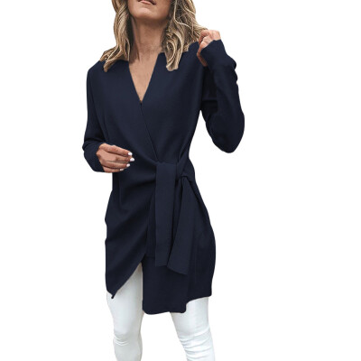 

Toponeto Women Casual Leather Tied Up V Neck Open Front Suit Jacket Outwear Overcoat Coat