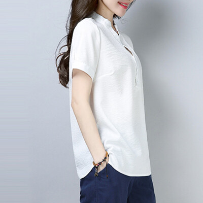 

Nomeni Women Cotton Linen Solid V-neck Short-sleeved Casual Loose T-Shirt Blouse