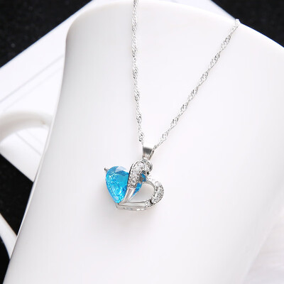 

Blue Crystal Love Heart Birthstone Zirconia Necklace For Women Bridal Long Chain Wedding Necklace Silver Pendant Jewelry 2019