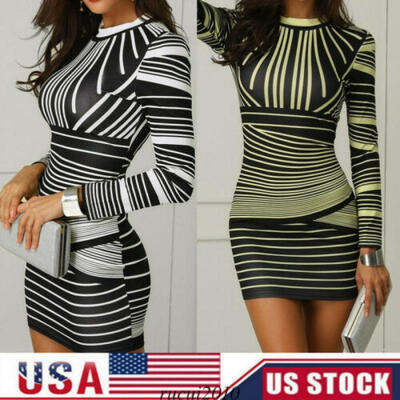 

Women Long Sleeve Bodycon Mini Dress Office Striped Pencil Formal Party Dresses