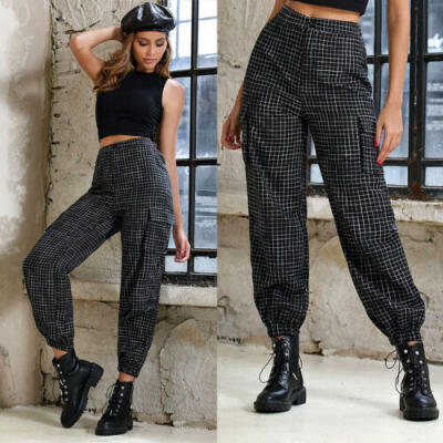 

Women Vintage Loose Plaid High Waist Long Pants Cargo Trousers Sport Sweatpants