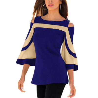 

Elegant womens T-Shirts&Tops Half Sleeve Flare Sleeve Cold Shouder Slim Tee Shirt Female Office Lady Casual Color Block Tops