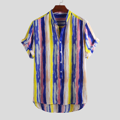 

Toponeto Mens Cotton Printed Hawaiian Stand Collar Short Sleeve Loose Shirts