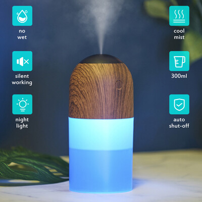 

USB Charging Desktop Mini Cool Mist Humidifier 300ml Air Sprayer Auto Shut-off Continuous Intermittent Modes Color Changing LEDs N