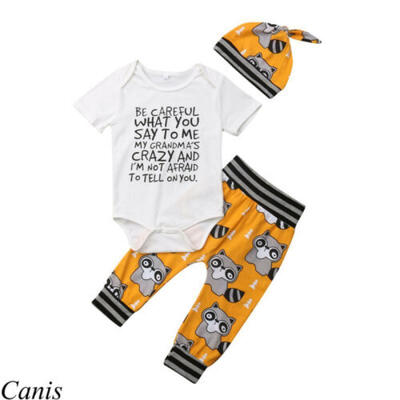 

US 3Pcs Newborn Baby Boy Girl Cotton RomperPantsHats Outfit Clothes Summer Set