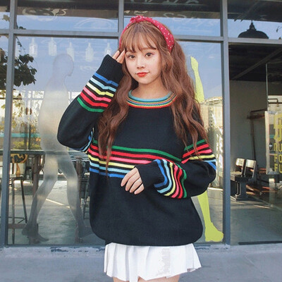 

Loose Casual Sweater Long Sleeve O-Neck Pullover Tops Striped Sweaters Knitted Tops