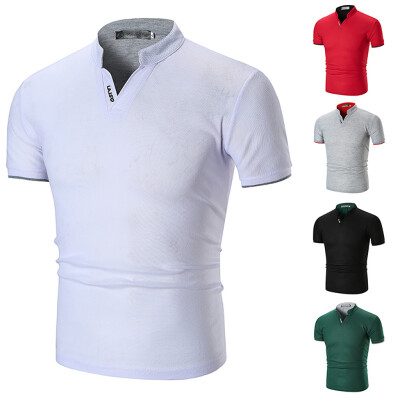 

Toponeto Summer Mens Rigid Collar Casual Pure Color Fashion Short Sleeve Tops