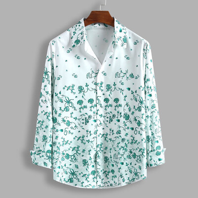 

Toponeto Mens Loose Elegant Flowers Printed Lump Chest Long Sleeve Round Hem Shirts Tops