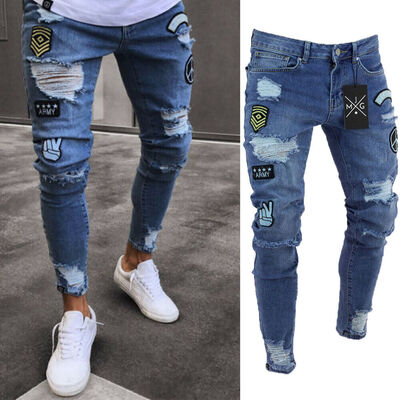 

NEW Mens Ripped Skinny Biker Jeans Destroyed Frayed Slim Fit Denim Pants