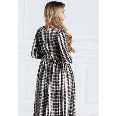 

Casual Women Plus Size Stripe Printed Dress Big Size O-Neck Ankle-Length Long Maxi Dress Black
