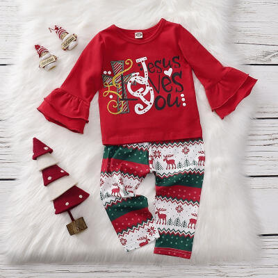 

Christmas Best Gift Toddler Kids Girl Pants Sets Red Flare Long Sleeve Letter Printed T-Shirts Colorful Long Pants 2 Pieces O