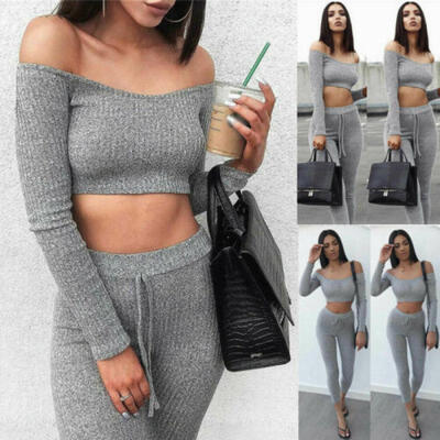 

SUNSIOM Women 2 Piece Outfit Set Rompers Jumpsuit Knit Crop Tops Long Pants Set