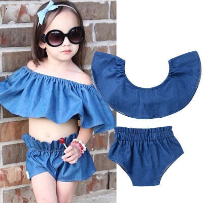 

Denim Newborn Toddler Baby Girl Off Shoulder Crop TopsShorts Outfit Clothes Set