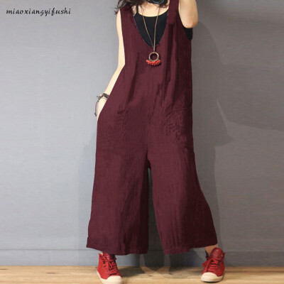 

Starmoon Fashion Woman Summer Wide Leg Straight Casual Cotton And Iinen Long Jumpsuit