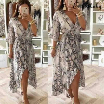 

Fashion Women Casual Retro Style Snake Print Deep V-neck Long Sleeve Split Long Dress