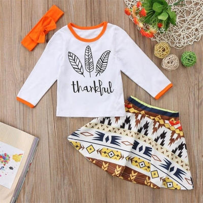

Newborn Kids Baby Girl Thanksgiving Clothes T-shirtSkirtHeadband Outfit Set