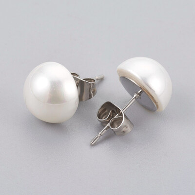 

Shell Pearl Beads Ear Studs with 304 Stainless Steel Findings Flat Round Stainless Steel Color 10x6mm Pin 07mm
