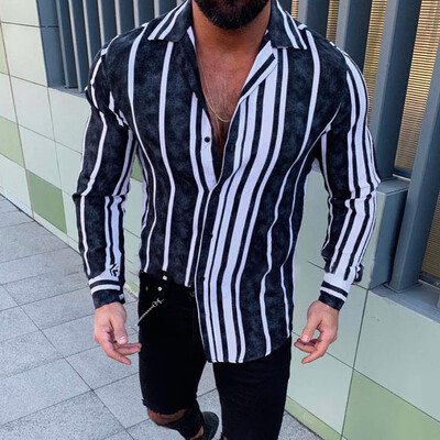 

Toponeto Mens Casual Fashion Slim Stripe Printing Long Sleeve Lapel Shirts Top Blouse