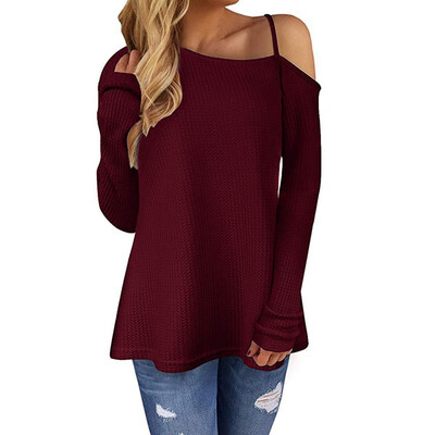 

Autumn Women Long Sleeve T-shirt Cold Shoulder Solid Color Autumn Ladies Knitted Tee Split Tunic Tops tshirt