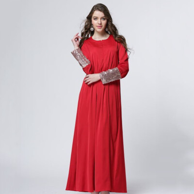 

〖Follure〗Women O-Neck Solid Long Sleeve Sequin Patchwork Sleeve Muslim Custom Long Dress