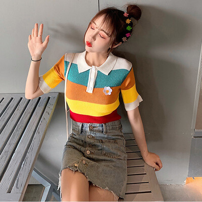 

ladies striped sweater for spring summer korean sweater woman summer short sleeve FLOWER RAINBOW KNITTED SHIRT women