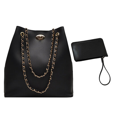 

2Pcs Fashion Women Solid Color Faux Leather Chain Bucket Shoulder Bag Wristlet