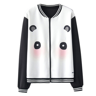 

Toponeto Women Long Sleeve O-Neck Panda Print Zipper Pockets Casual Baseball Coat Coat