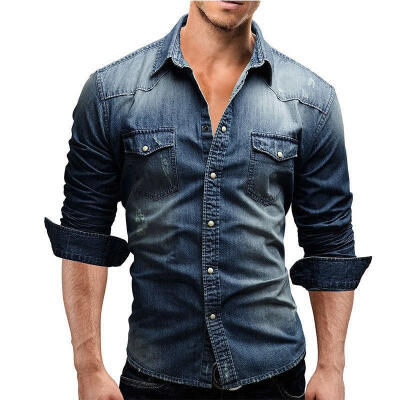 

Men&39s Button Down Casual Denim Wash Cotton Shirts Long Sleeve Fit Tops -XXXL