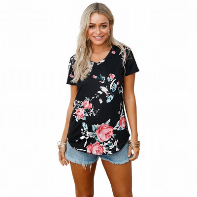 

V-neck short-sleeved floral print casual straight T-shirt top