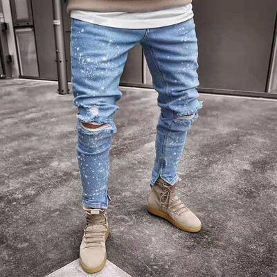

Tailored Men Solid Denim Cotton Straight Pocket Elastic Trousers Distressed Jeans Pants