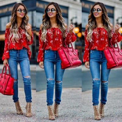 

New Womens Off Shoulder Tops Long Sleeve Shirt Casual Blouse Loose T-shirt Crop